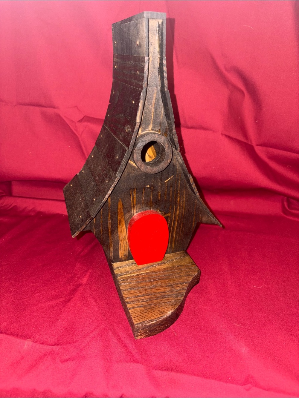 Handcrafted Rustic Dark Walnut Wood Birdhouse Red Accent and Whimsical design